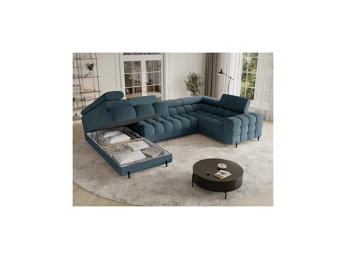 Canapé panoramique convertible FACTORY 3 places bleu chiné – angle gauche avec coffre