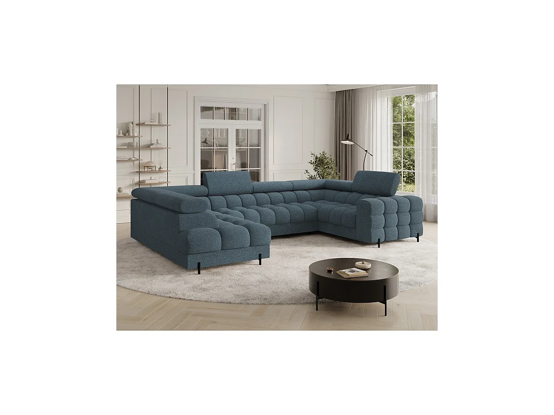 Canapé panoramique convertible FACTORY 3 places bleu chiné – angle gauche avec coffre