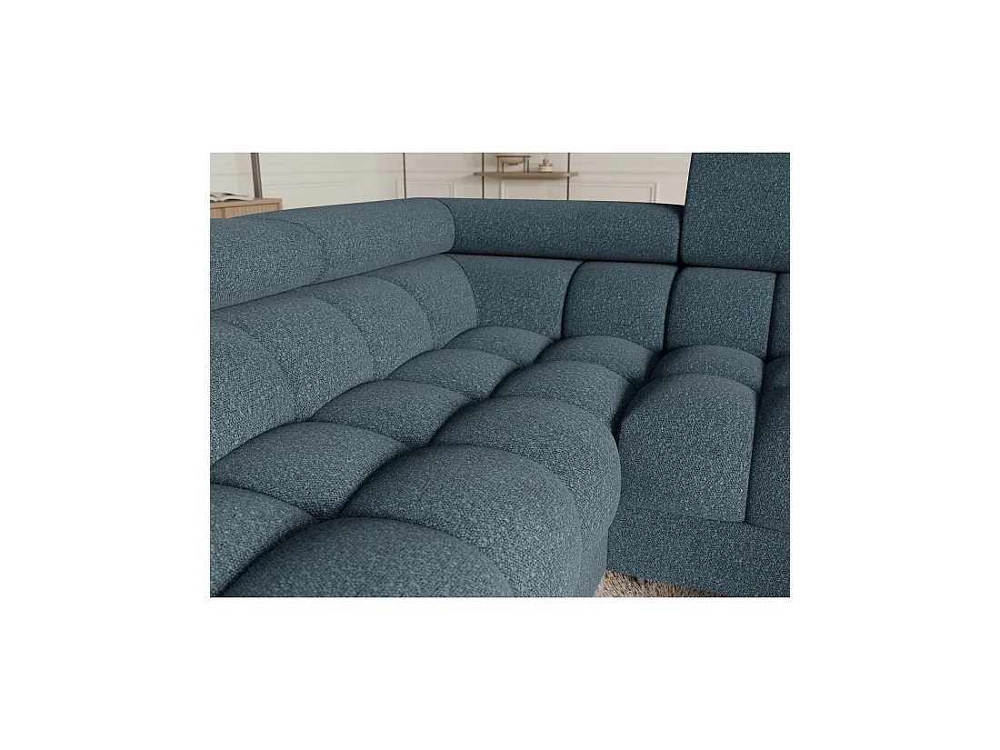 Canapé panoramique convertible FACTORY 3 places bleu chiné – angle gauche avec coffre