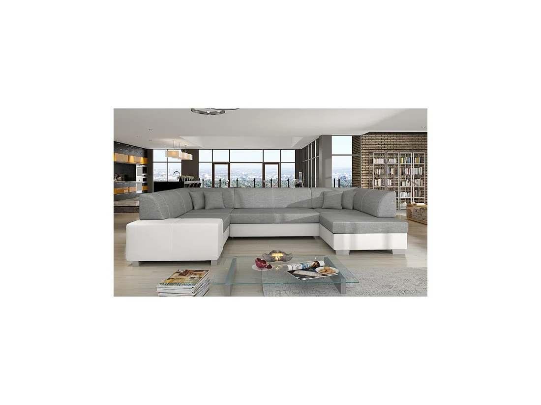 Canapé panoramique en U Gris & Blanc convertible 6 places HAVANE grand format familial