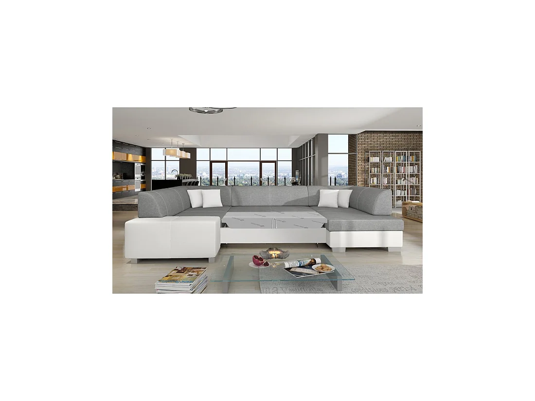 Canapé panoramique en U Gris & Blanc convertible 6 places HAVANE grand format familial
