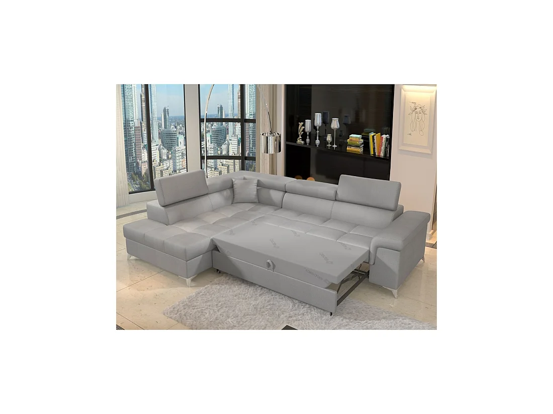 Sofá esquinero convertible PALAZZO 4 plazas gris claro – ángulo izquierdo con 1 cojín