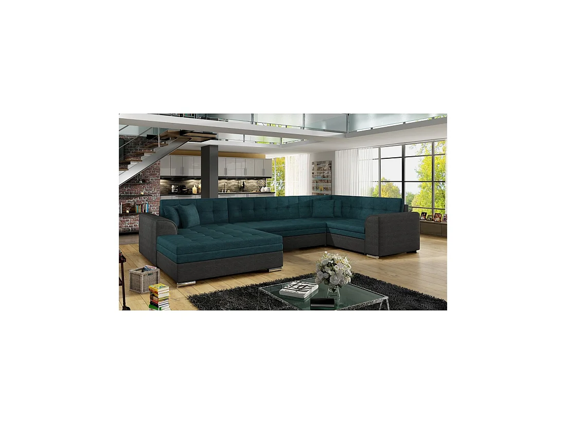 Sofá panorámico convertible CALDERO 5 plazas azul pavo y negro – ángulo izquierdo