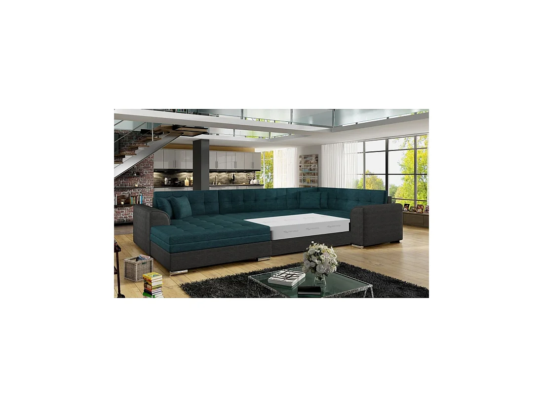Sofá panorámico convertible CALDERO 5 plazas azul pavo y negro – ángulo izquierdo