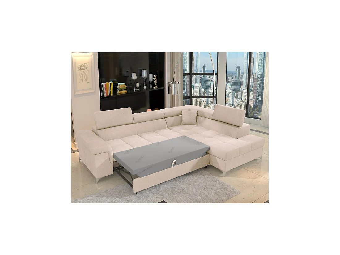Sofá de esquina convertible PALAZZO 4 plazas beige – ángulo derecho con cofre