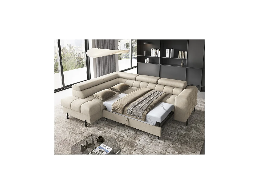 Canapé FERRUM Beige convertible 5 places angle gauche rangement intégré 276x93x200cm