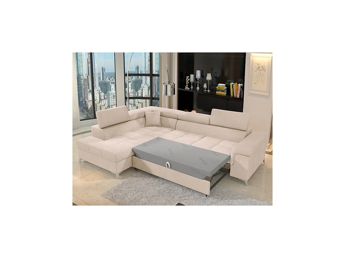 Sofá de esquina convertible PALAZZO 4 plazas beige – ángulo izquierdo con baúl