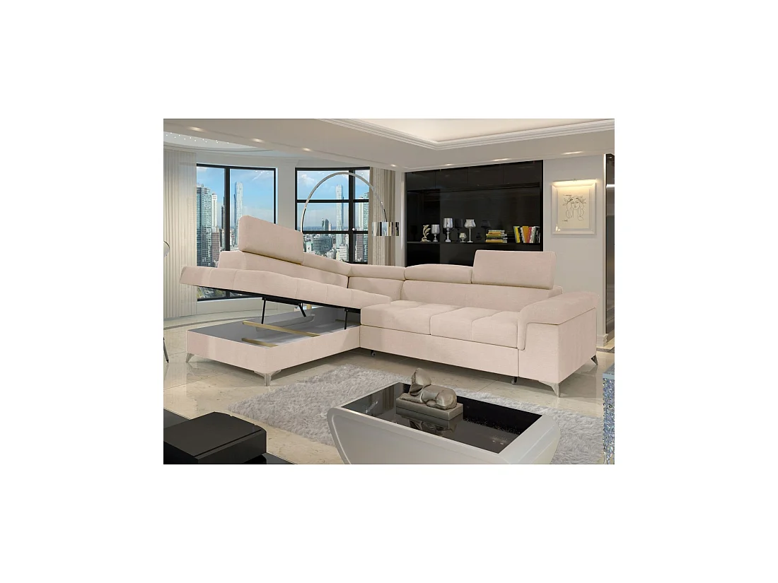 Sofá de esquina convertible PALAZZO 4 plazas beige – ángulo izquierdo con baúl