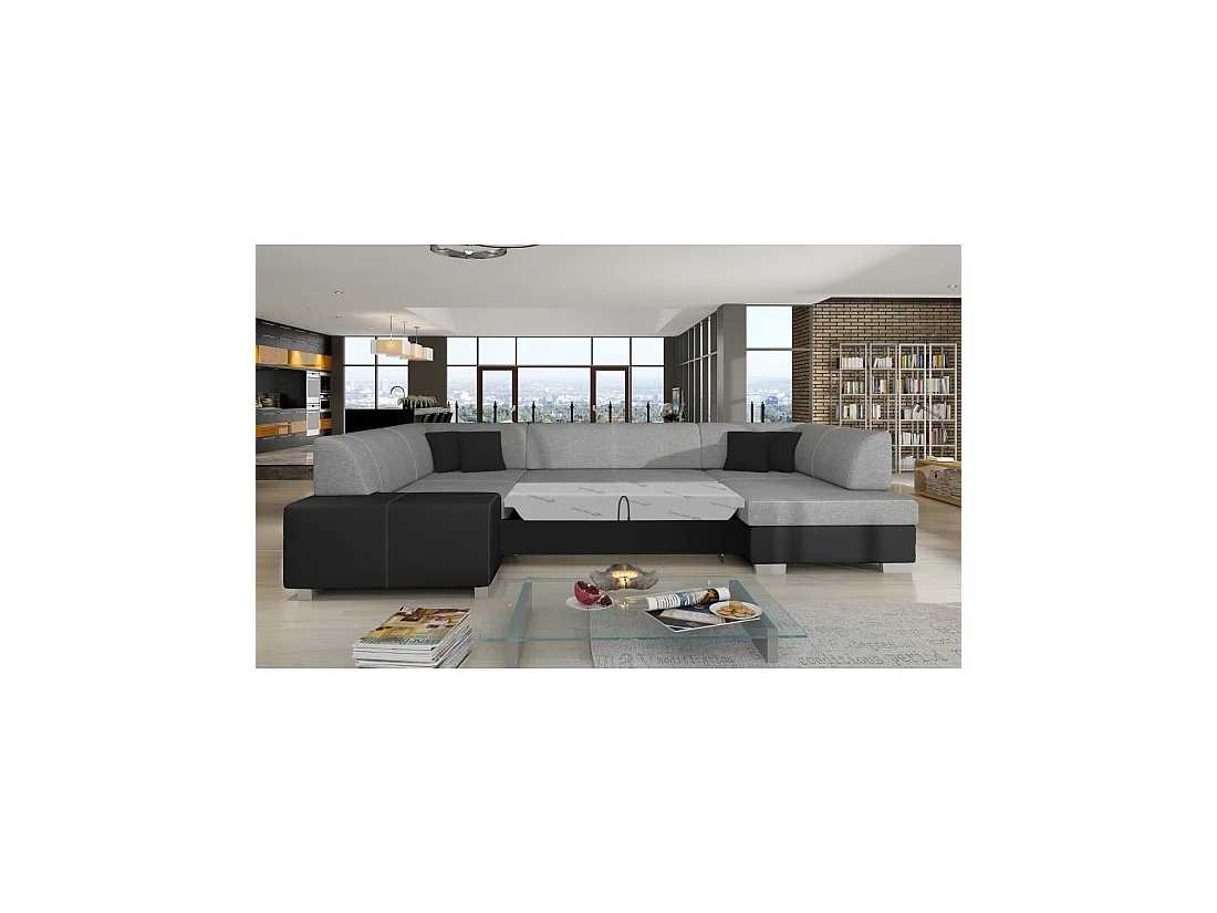 Canapé panoramique en U Gris & Noir convertible 6 places HAVANE assise mousse T30