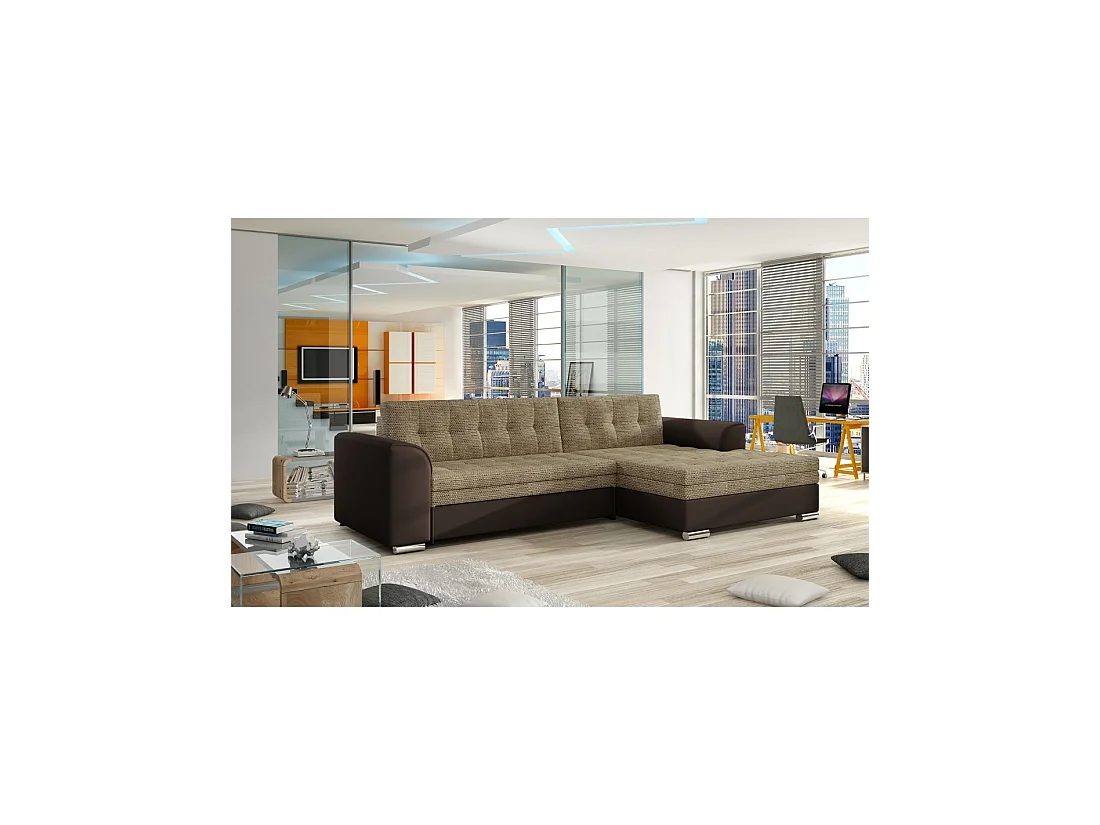Sofá de esquina convertible CONFORTO 4 plazas beige y chocolate – ángulo derecho