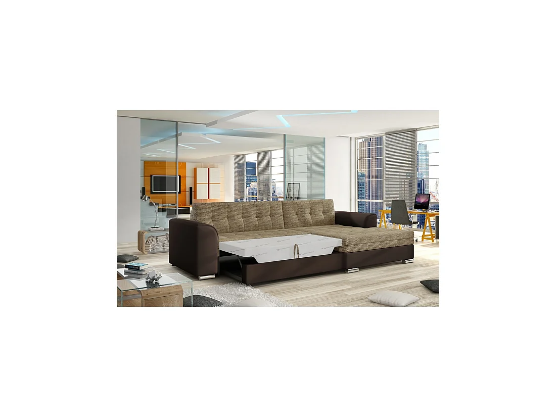 Sofá de esquina convertible CONFORTO 4 plazas beige y chocolate – ángulo derecho