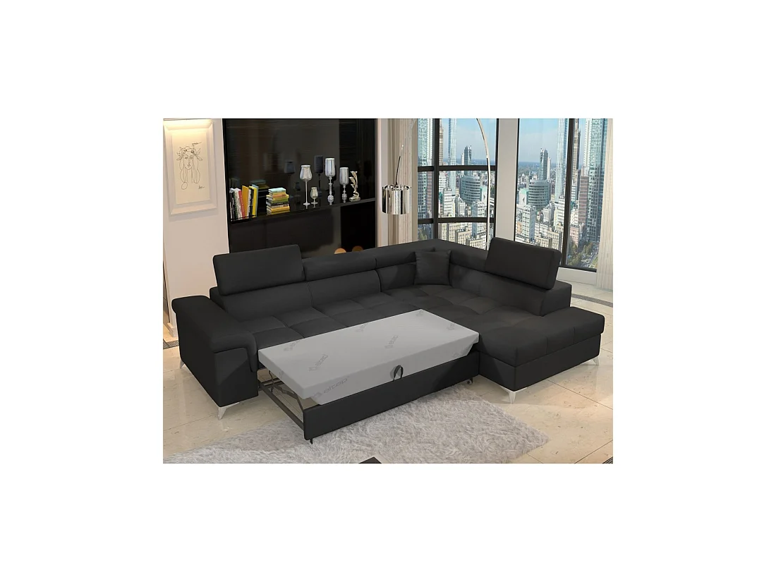Canapé d'angle convertible PALAZZO 4 places noir – angle droit avec 1 coussin
