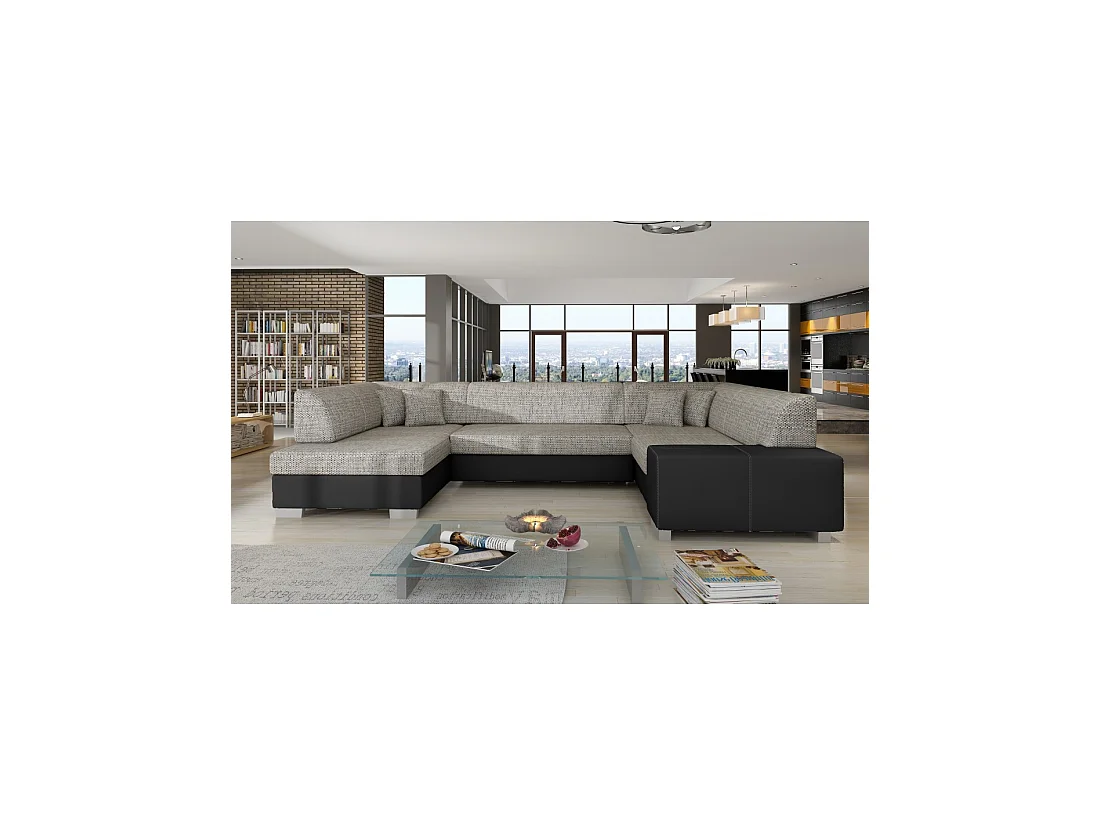 Canapé panoramique en U Gris & Noir convertible 6 places HAVANE pour grand salon