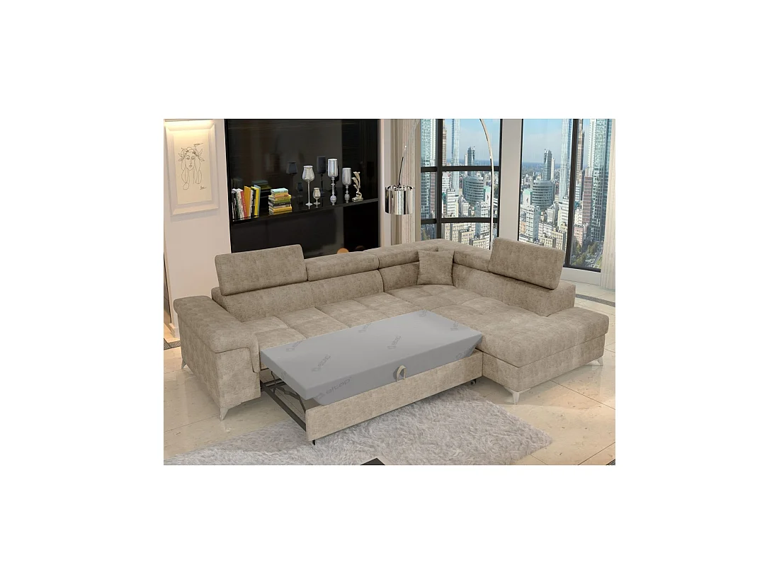 Sofá de esquina convertible PALAZZO 4 plazas beige - ángulo derecho con baúl