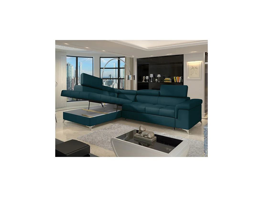 Canapé d'angle convertible PALAZZO 4 places bleu foncé – angle gauche avec 1 coussin