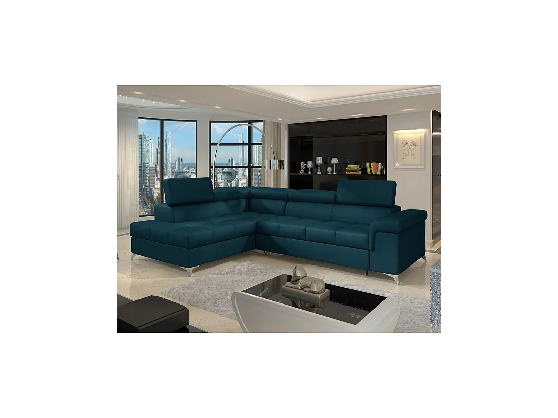 Canapé d'angle convertible PALAZZO 4 places bleu foncé – angle gauche avec 1 coussin