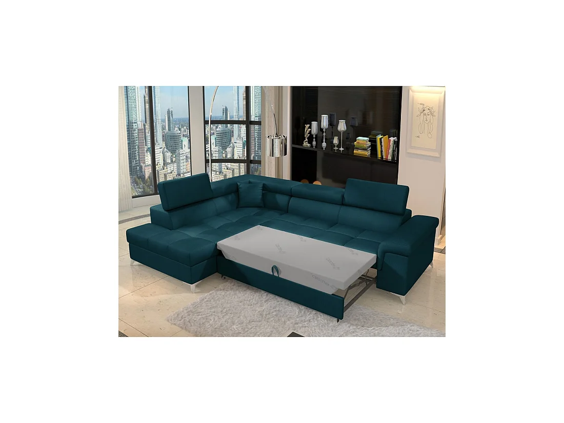 Canapé d'angle convertible PALAZZO 4 places bleu foncé – angle gauche avec 1 coussin