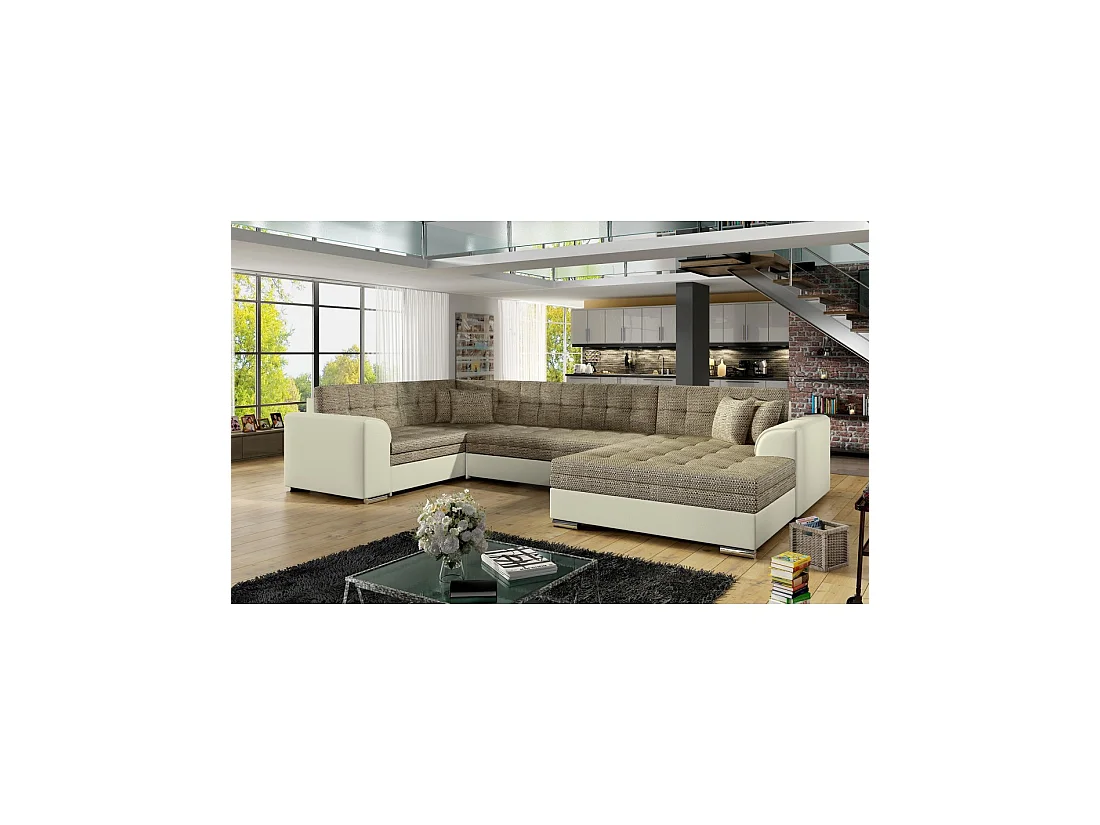 Sofá panorámico convertible CALDERO 5 plazas beige y crema - ángulo derecho