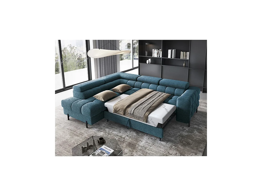 Canapé convertible Bleu foncé FERRUM 5 places angle gauche mousse HR 276x93x200cm