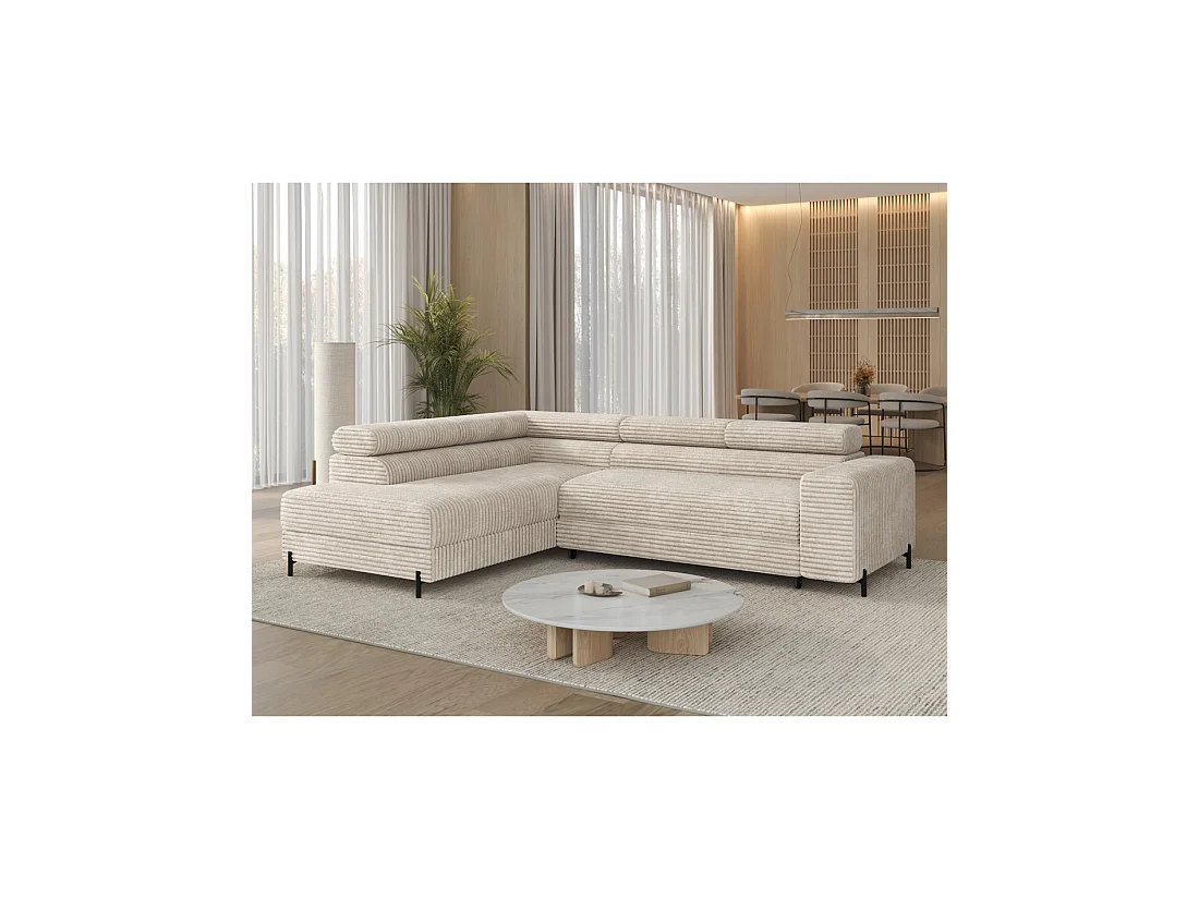 Canapé d'angle COLESIA convertible 5 places beige velours côtelé – gauche – 274x200cm
