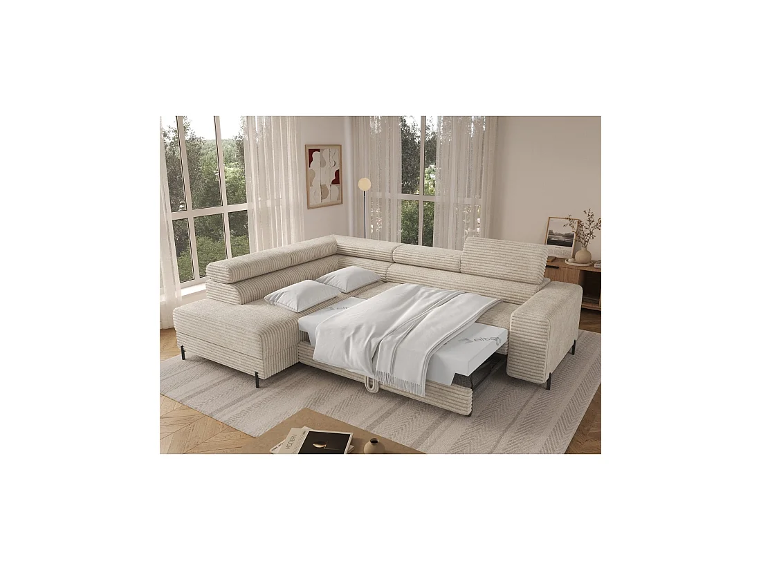 Canapé d'angle COLESIA convertible 5 places beige velours côtelé – gauche – 274x200cm