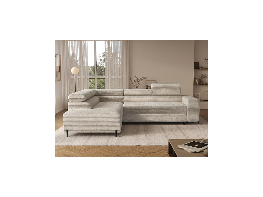 Canapé d'angle COLESIA convertible 5 places beige velours côtelé – gauche – 274x200cm