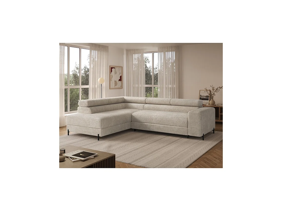 Canapé d'angle COLESIA convertible 5 places beige velours côtelé – gauche – 274x200cm