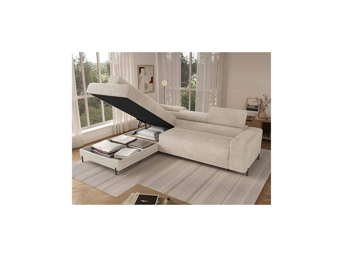 Canapé d'angle COLESIA convertible 5 places beige velours côtelé – gauche – 274x200cm
