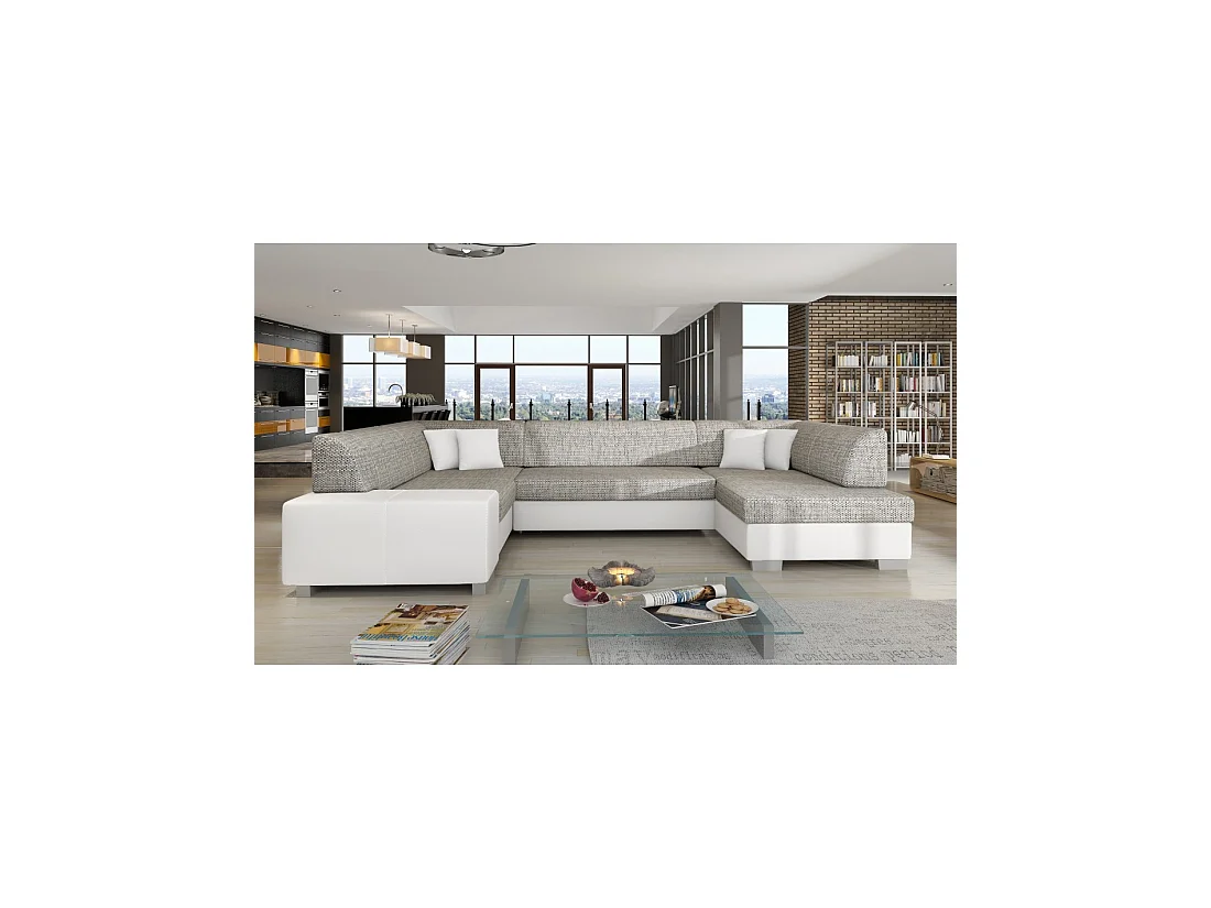 Canapé panoramique en U Gris & Blanc convertible 6 places HAVANE couchage 125x280cm