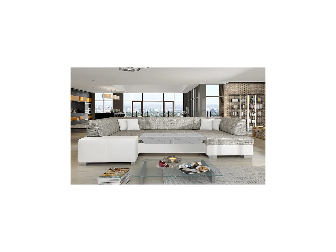 Canapé panoramique en U Gris & Blanc convertible 6 places HAVANE couchage 125x280cm