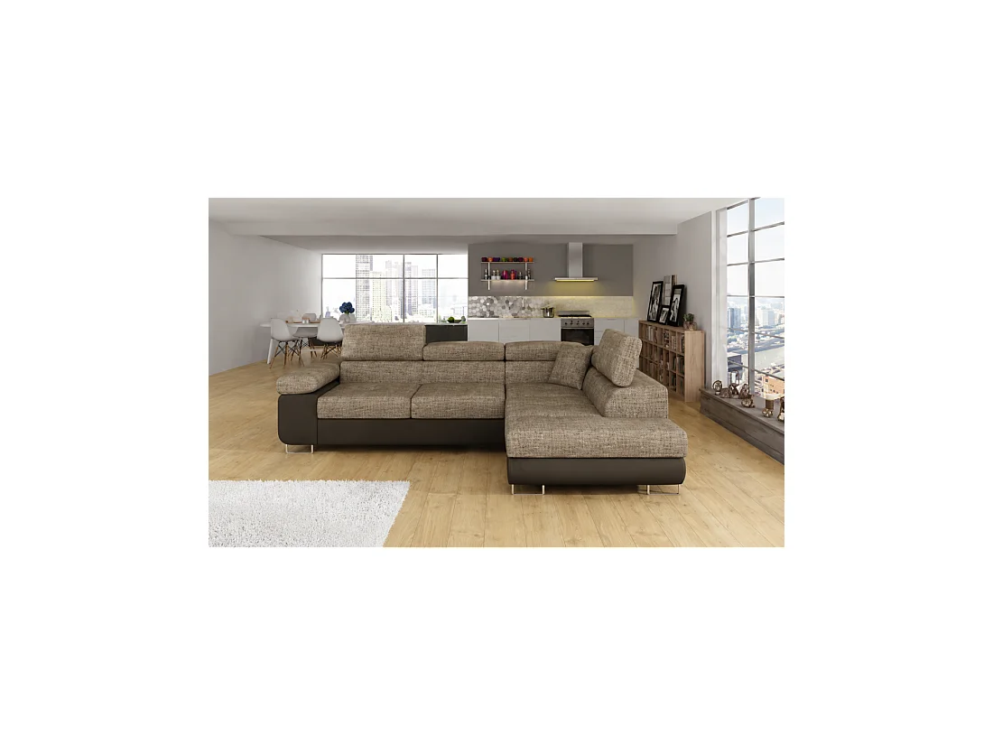 Canapé d'angle convertible MENTON beige et marron bouclé – 4 places avec coffre