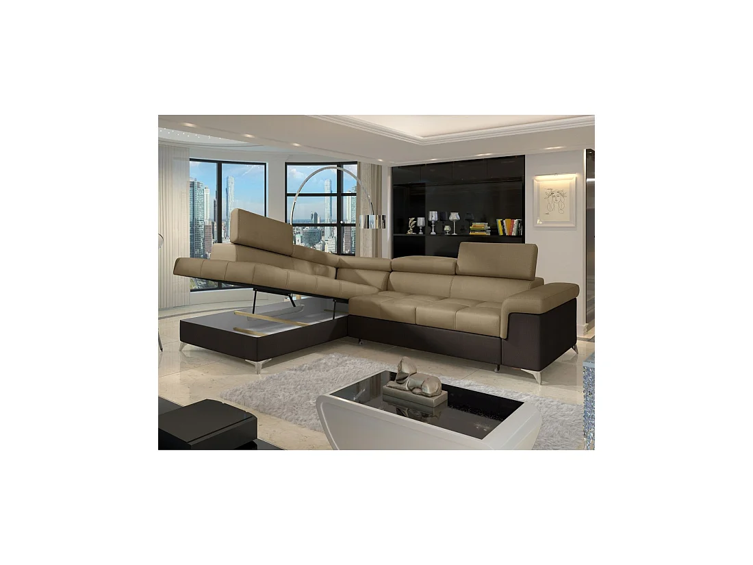 Canapé d'angle convertible PALAZZO 4 places marron clair et foncé – angle gauche avec 1 coussin
