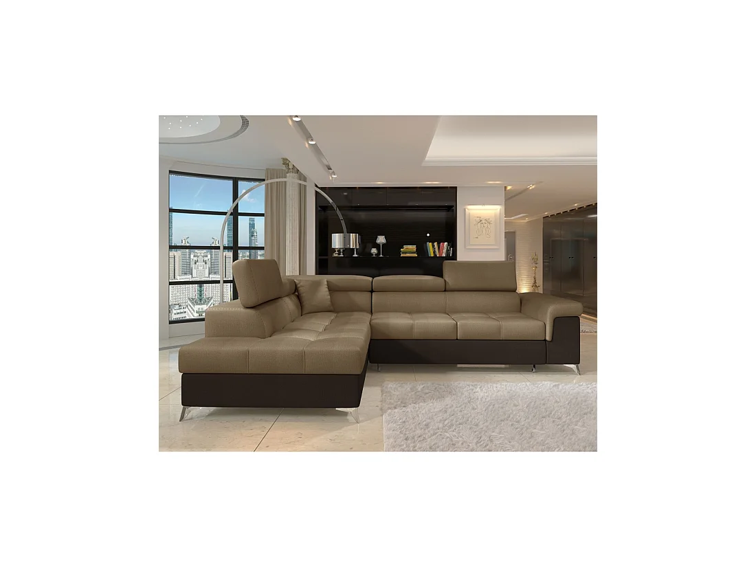 Canapé d'angle convertible PALAZZO 4 places marron clair et foncé – angle gauche avec 1 coussin