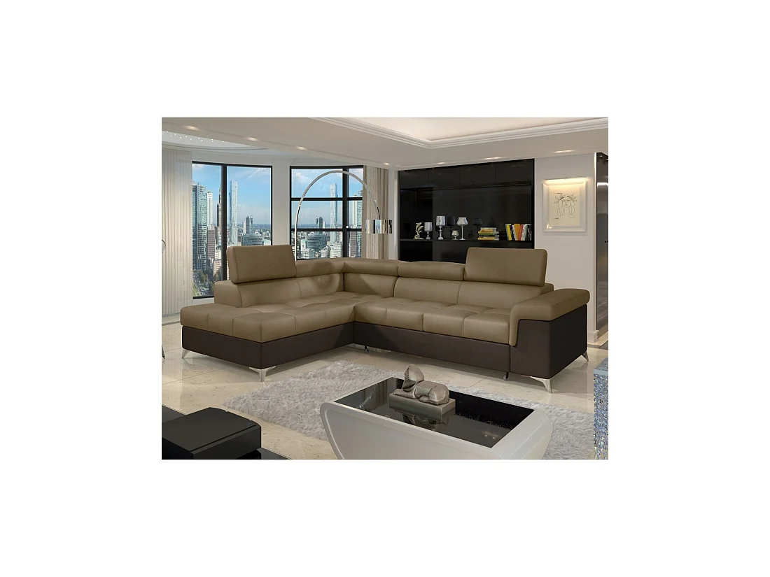 Canapé d'angle convertible PALAZZO 4 places marron clair et foncé – angle gauche avec 1 coussin