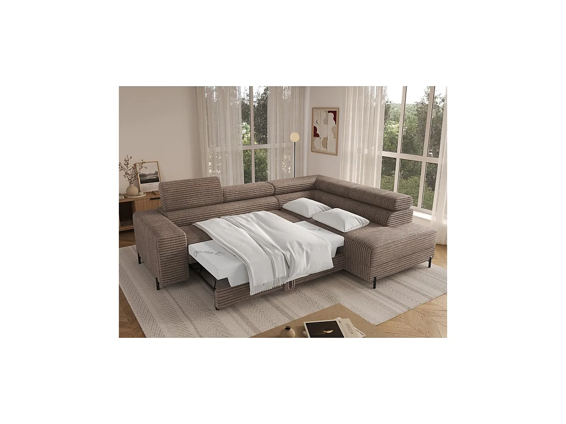 Canapé d'angle COLESIA convertible 5 places beige velours côtelé – droit – 274x200cm