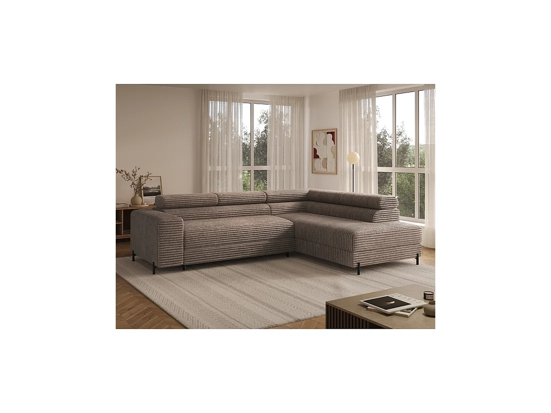 Canapé d'angle COLESIA convertible 5 places beige velours côtelé – droit – 274x200cm