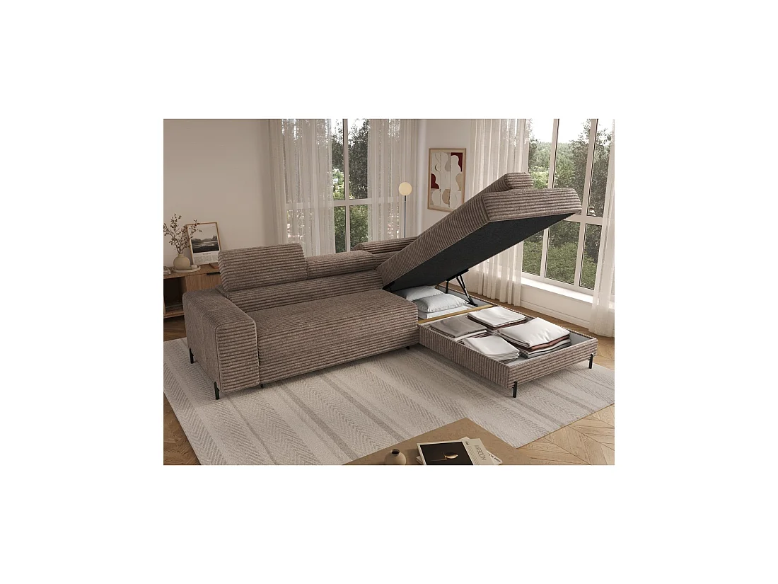 Canapé d'angle COLESIA convertible 5 places beige velours côtelé – droit – 274x200cm