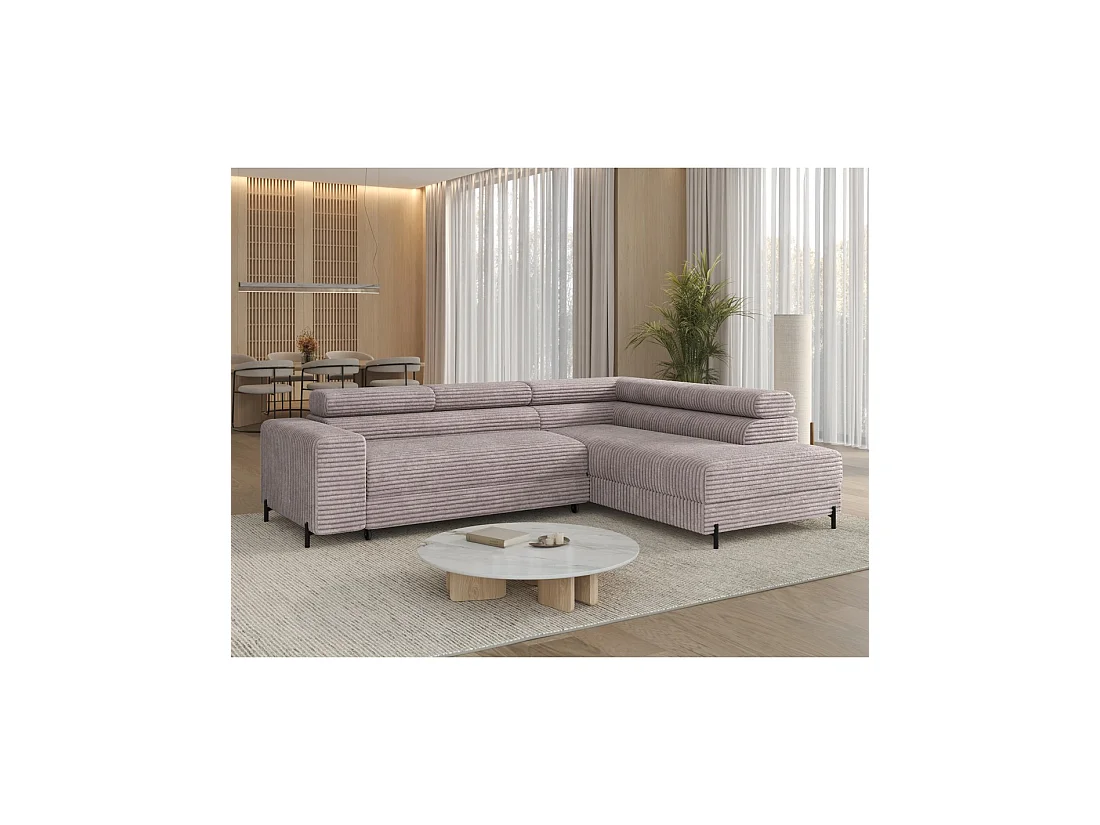 Sofá de esquina COLESIA convertible 5 plazas blanco crema terciopelo acanalado – derecho – 274x200cm