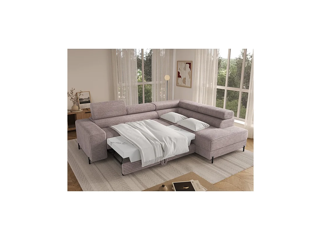Sofá de esquina COLESIA convertible 5 plazas blanco crema terciopelo acanalado – derecho – 274x200cm
