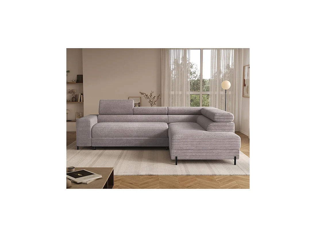 Sofá de esquina COLESIA convertible 5 plazas blanco crema terciopelo acanalado – derecho – 274x200cm