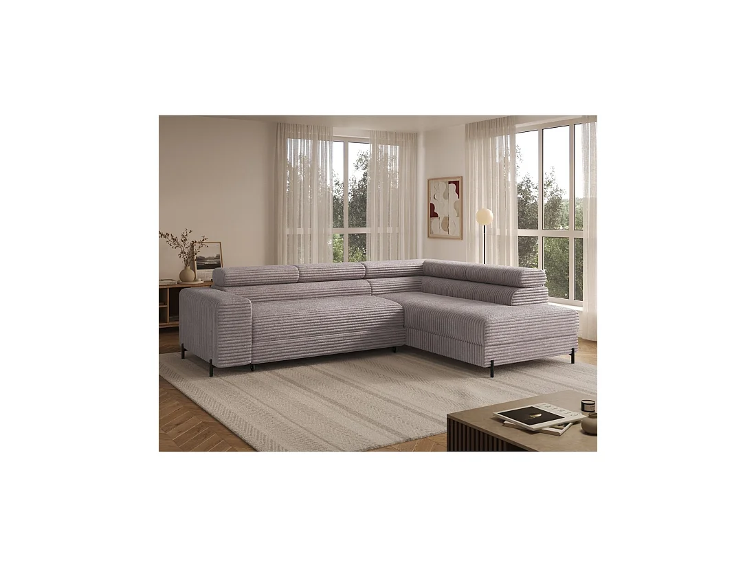 Sofá de esquina COLESIA convertible 5 plazas blanco crema terciopelo acanalado – derecho – 274x200cm