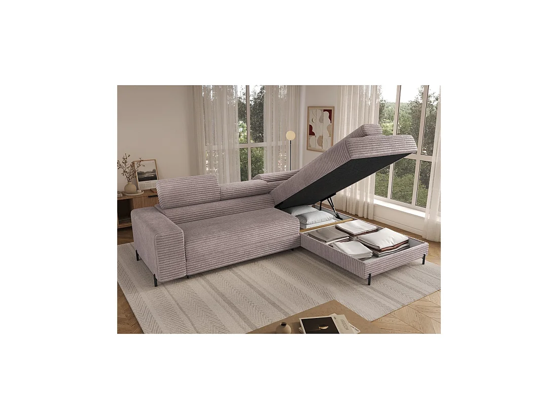 Sofá de esquina COLESIA convertible 5 plazas blanco crema terciopelo acanalado – derecho – 274x200cm