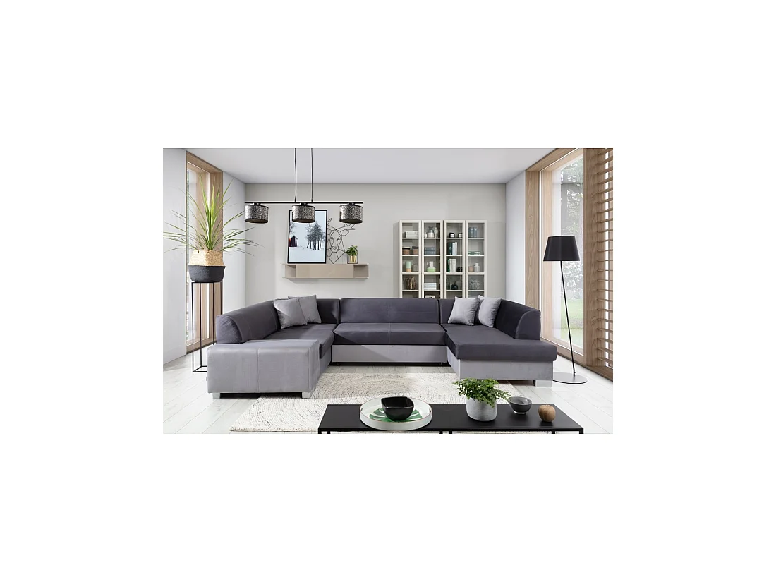 Canapé panoramique en U Gris foncé convertible 6 places HAVANE avec assise profonde