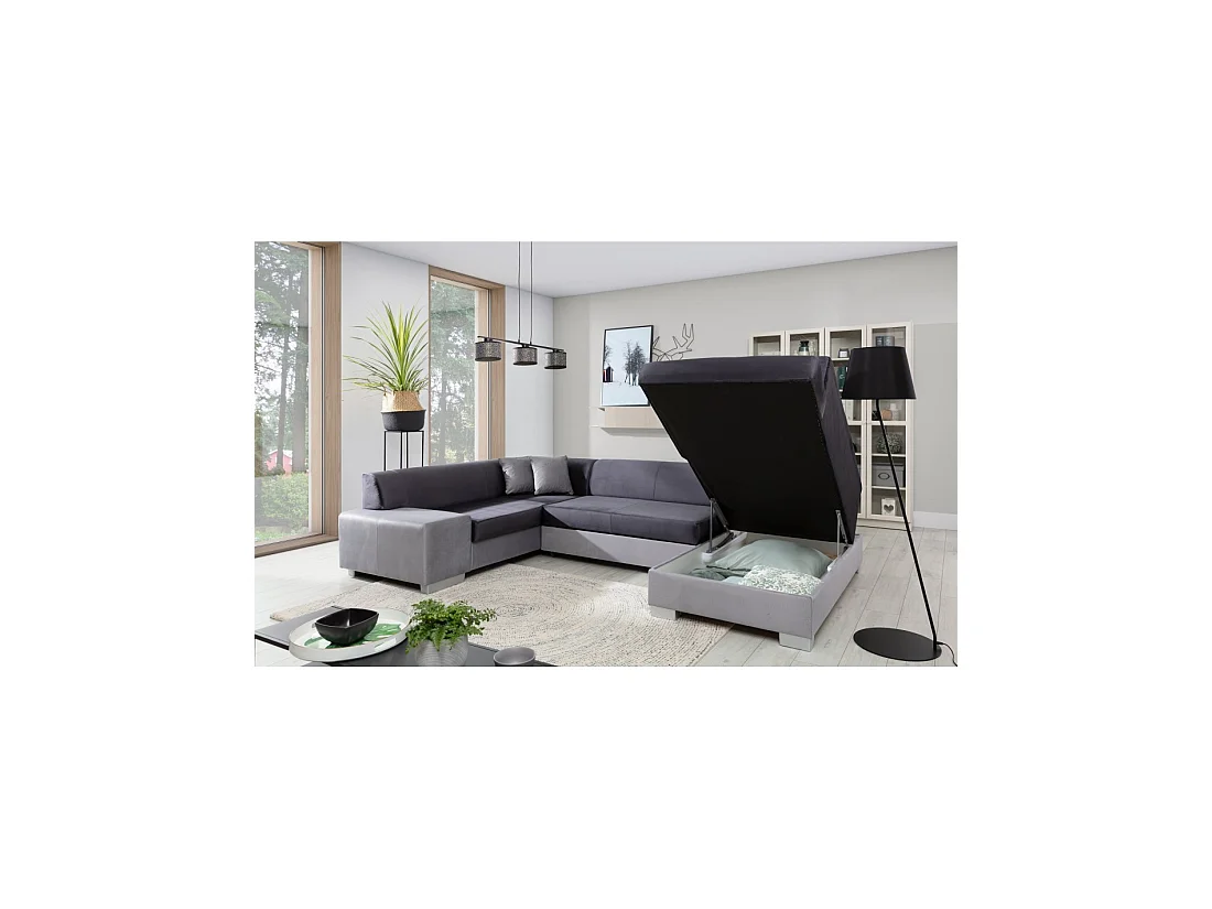 Canapé panoramique en U Gris foncé convertible 6 places HAVANE avec assise profonde