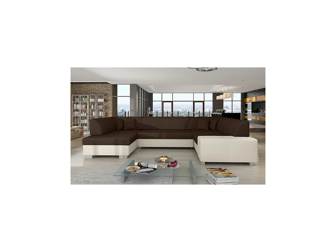 Canapé panoramique en U Marron & Blanc convertible 6 places HAVANE pour grand salon