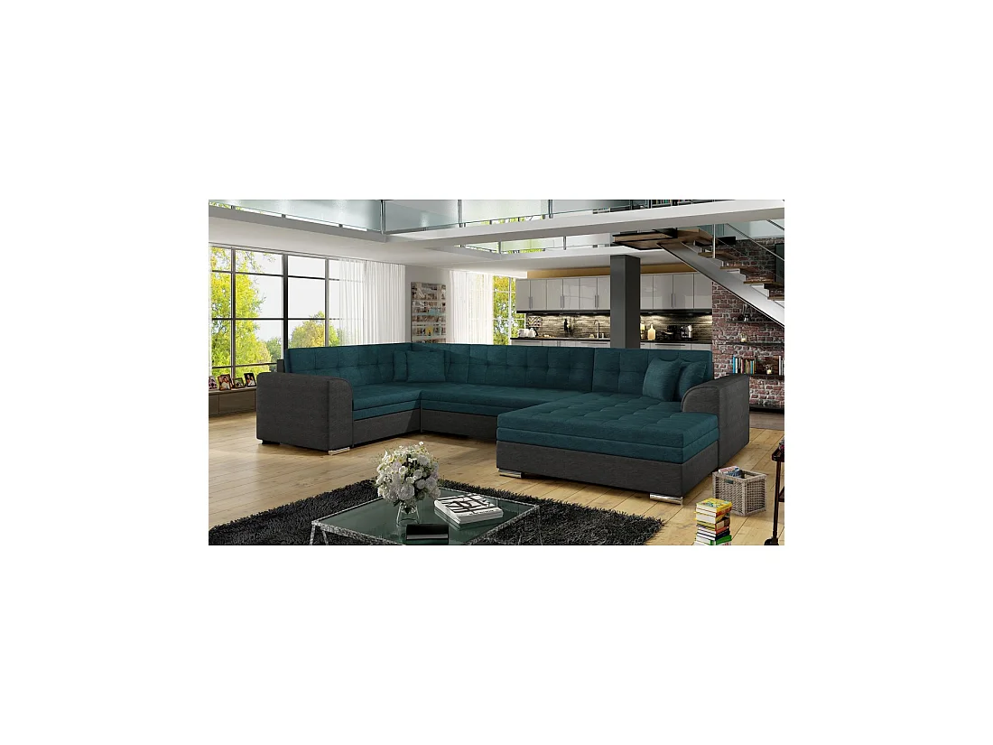 Canapé panoramique convertible CALDERO 5 places bleu canard et noir – angle droit