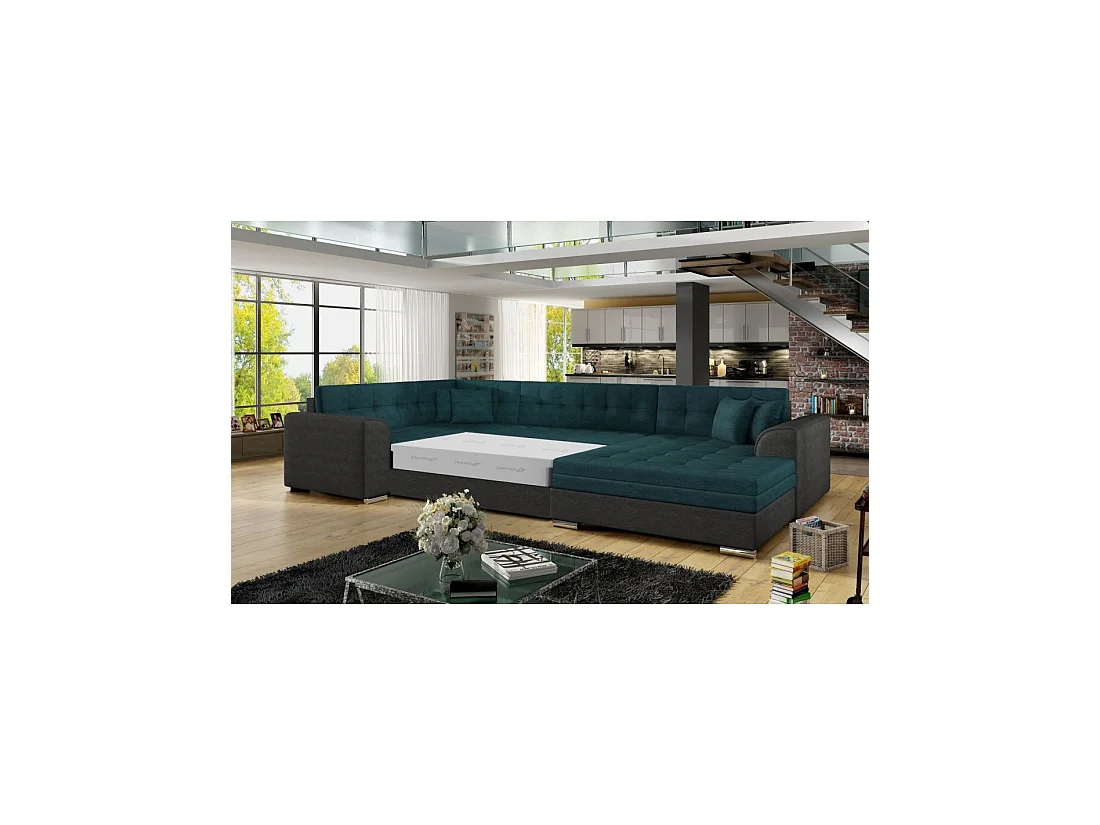 Canapé panoramique convertible CALDERO 5 places bleu canard et noir – angle droit