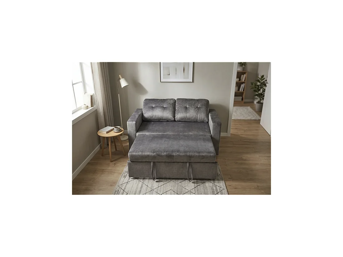 Sofá PRESTO convertible de 2 plazas en terciopelo – Gris oscuro – 142 x 82 x 86 cm