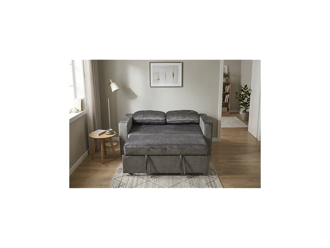 Sofá PRESTO convertible de 2 plazas en terciopelo – Gris oscuro – 142 x 82 x 86 cm