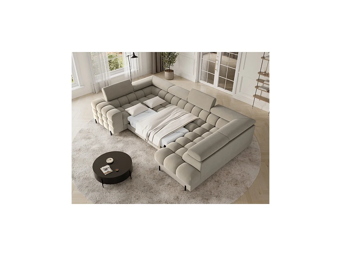 Canapé panoramique convertible FACTORY 3 places beige – angle droit avec coffre